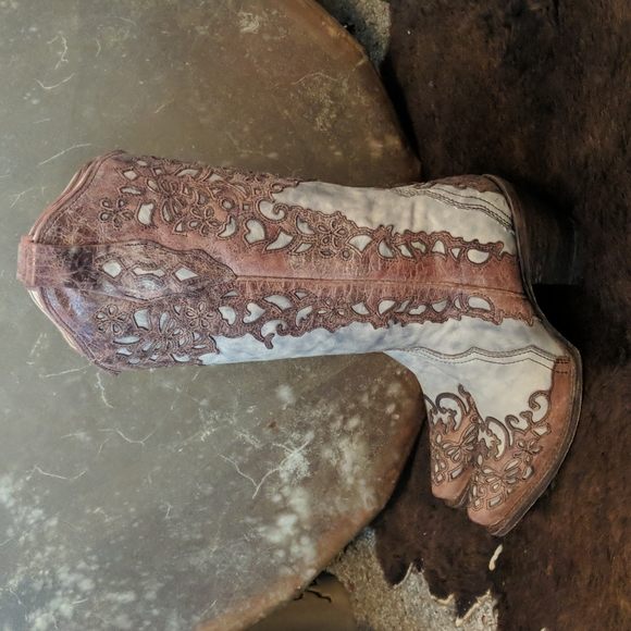 CORRAL A2665 cognac leather lace look overlay cowgirl western boots snip toe 6.5 - Picture 5 of 16